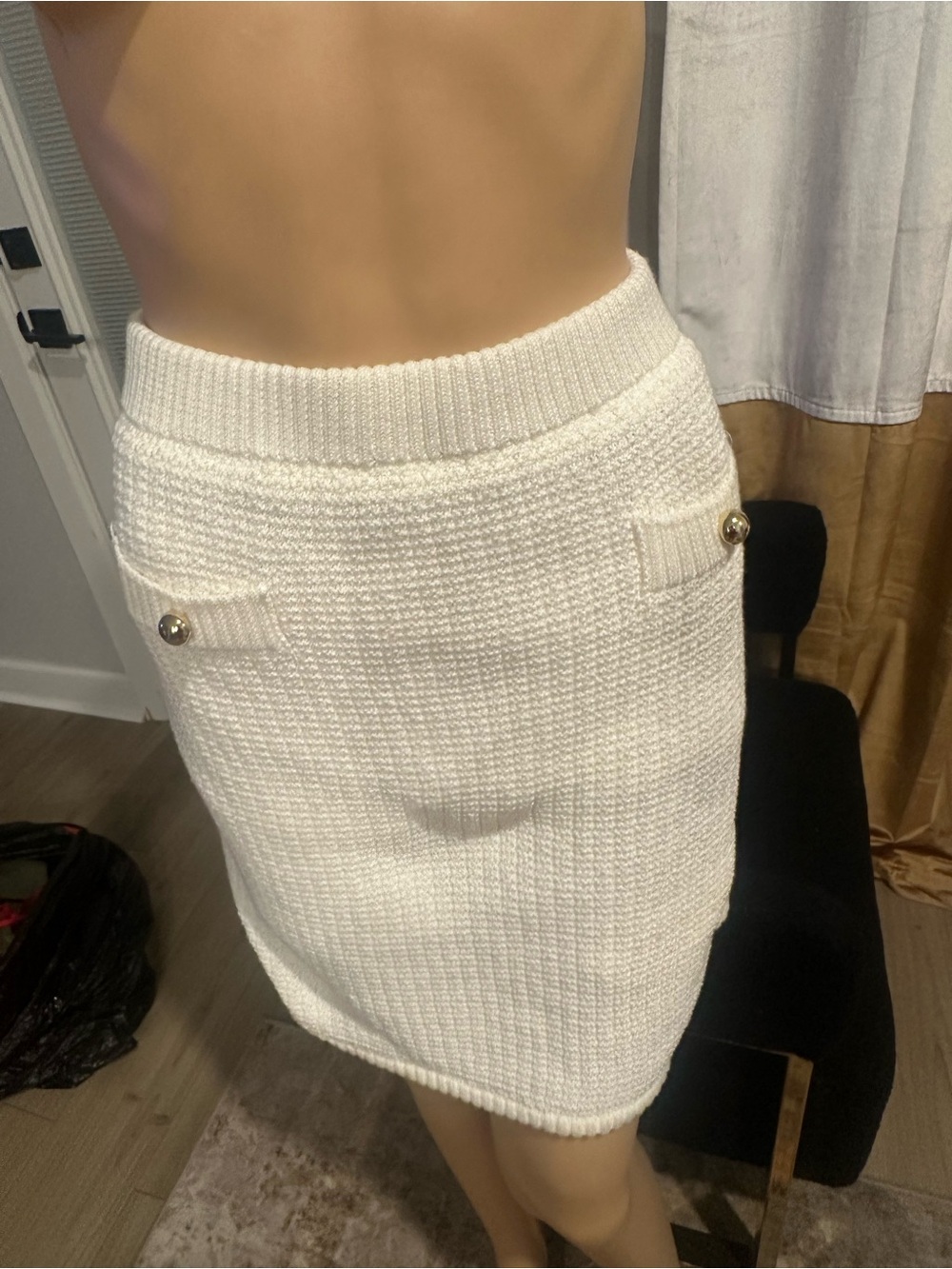 French Connection Ivory Knit Pencil Skirt with Button Pocket Accents